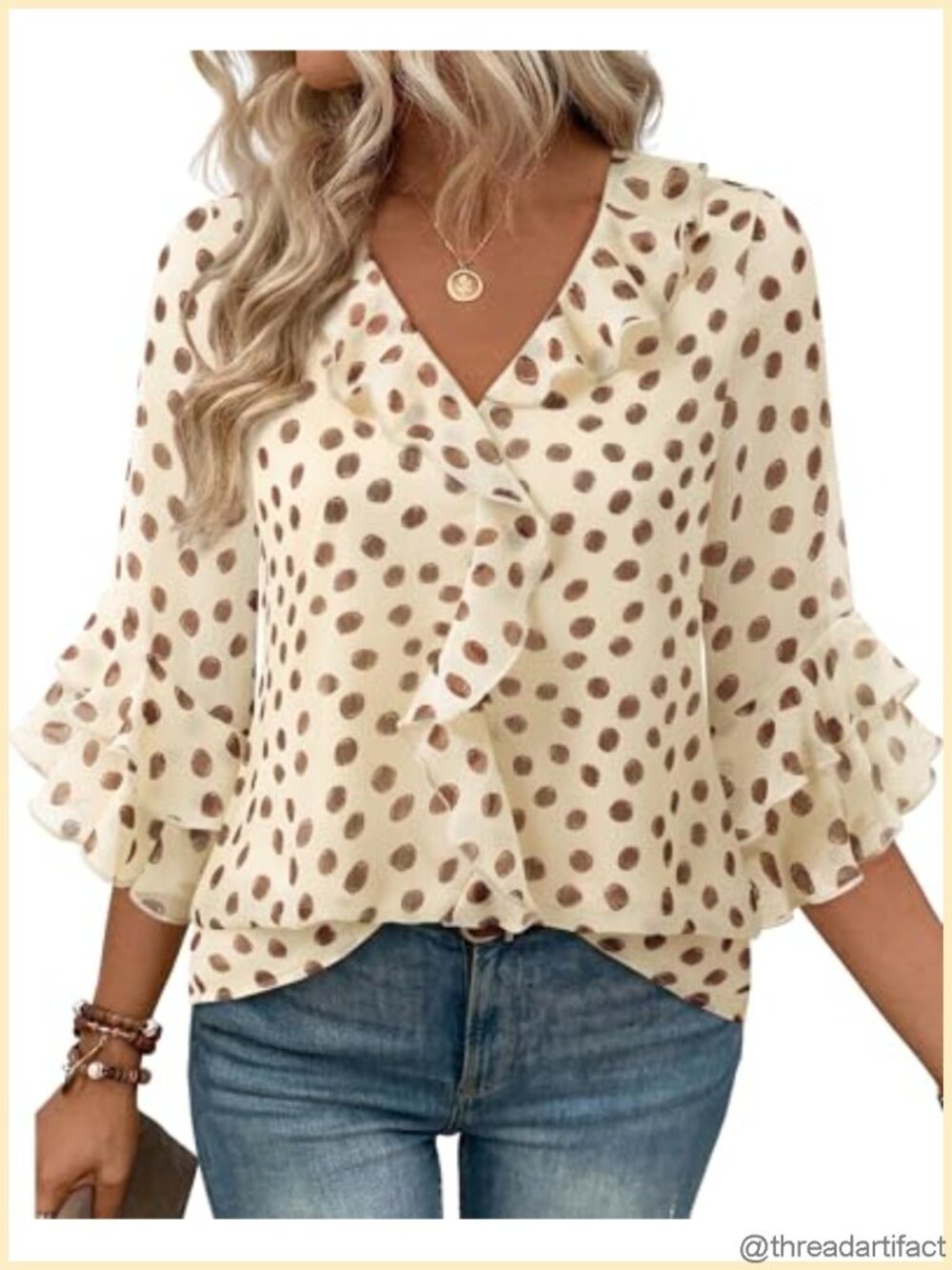 Womens 3/4 Ruffle Sleeve V Neck Chiffon Blouse Tunic Work Top